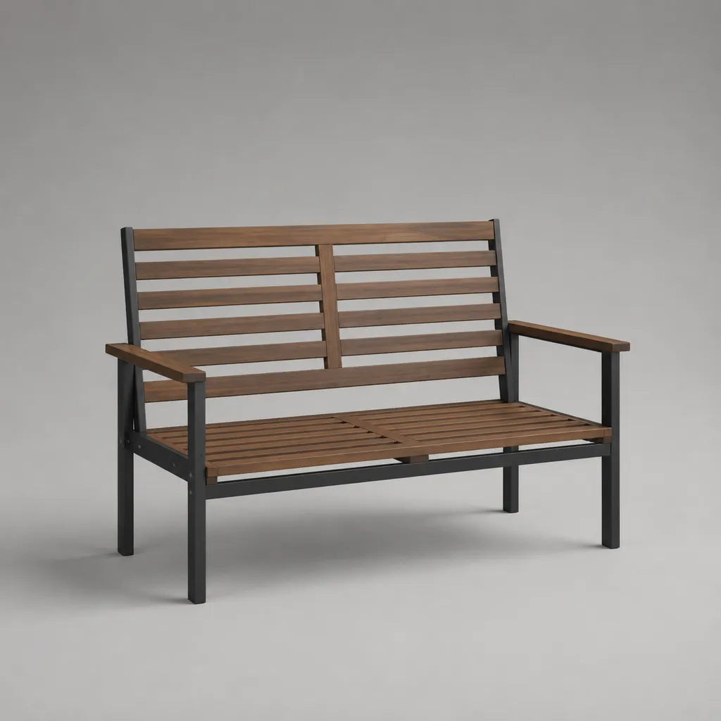 Gartenbank für 2 Personen aus massivem Akazienholz und pulverbeschichtetem Stahl, Braun/Schwarz, 120 × 62 × 87 cm
