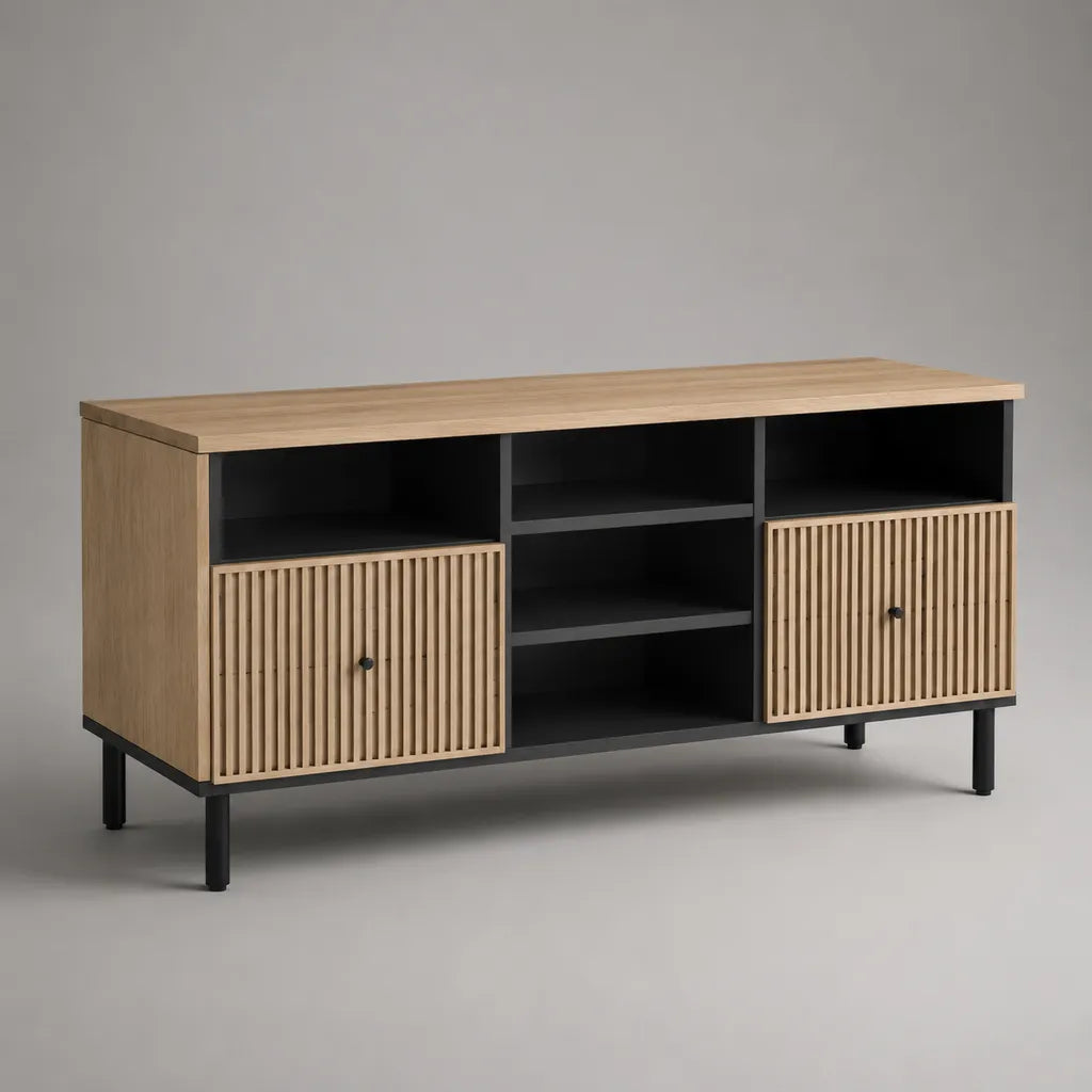 TV-Lowboard aus melaminharzbeschichteter Spanplatte, MDF und Metall, 2 Türen, 5 offene Fächer, Eiche Natur und Schwarz, 140 × 40 × 75 cm