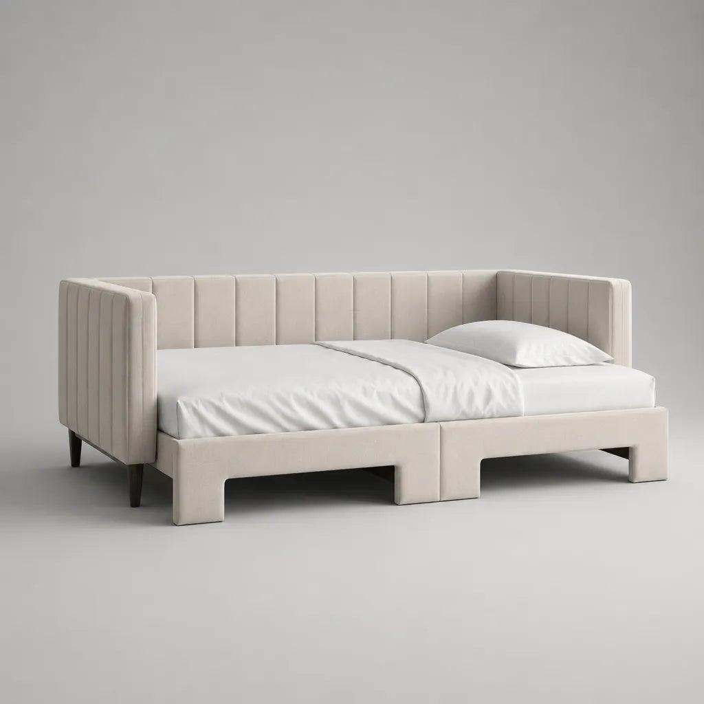 Gepolstertes Schlafsofa und Tagesbett mit Matratze, Liegefläche 90 × 200 cm, Gesamtmaß 218 × 102 × 88 cm, Beige