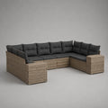 U-förmiges Gartensofa-Set, 7-Sitzer aus PE-Rattan und Stahl mit Polyesterkissen, Beige/Dunkelgrau, 288 × 220 × 73 cm