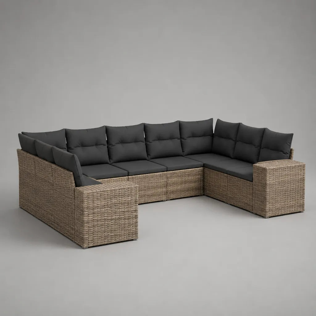 U-förmiges Gartensofa-Set, 7-Sitzer aus PE-Rattan und Stahl mit Polyesterkissen, Beige/Dunkelgrau, 288 × 220 × 73 cm