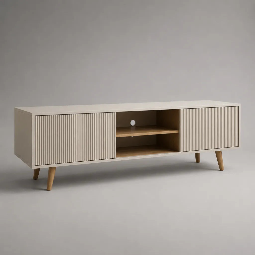 TV-Lowboard aus MDF mit 2 gerillten Türen und Kabeldurchlass, Cremeweiß/Eiche natur, 160 × 40 × 58 cm