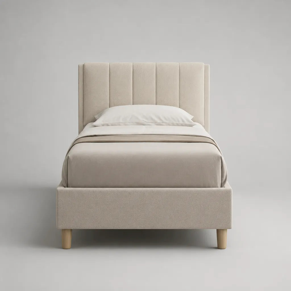 Polsterbett 90 × 200 cm mit Lattenrost und Polyesterbezug, Beige/Natur, Gesamtmaß 105 × 215 × 120 cm