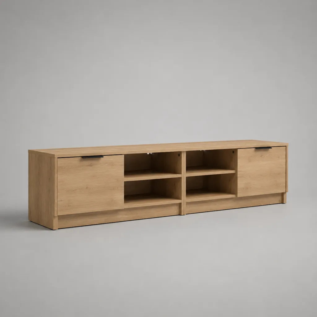 TV-Lowboard aus Spanplatte mit 2 Türen und 4 offenen Fächern, Eiche Natur und Schwarz, 180 × 40 × 55 cm