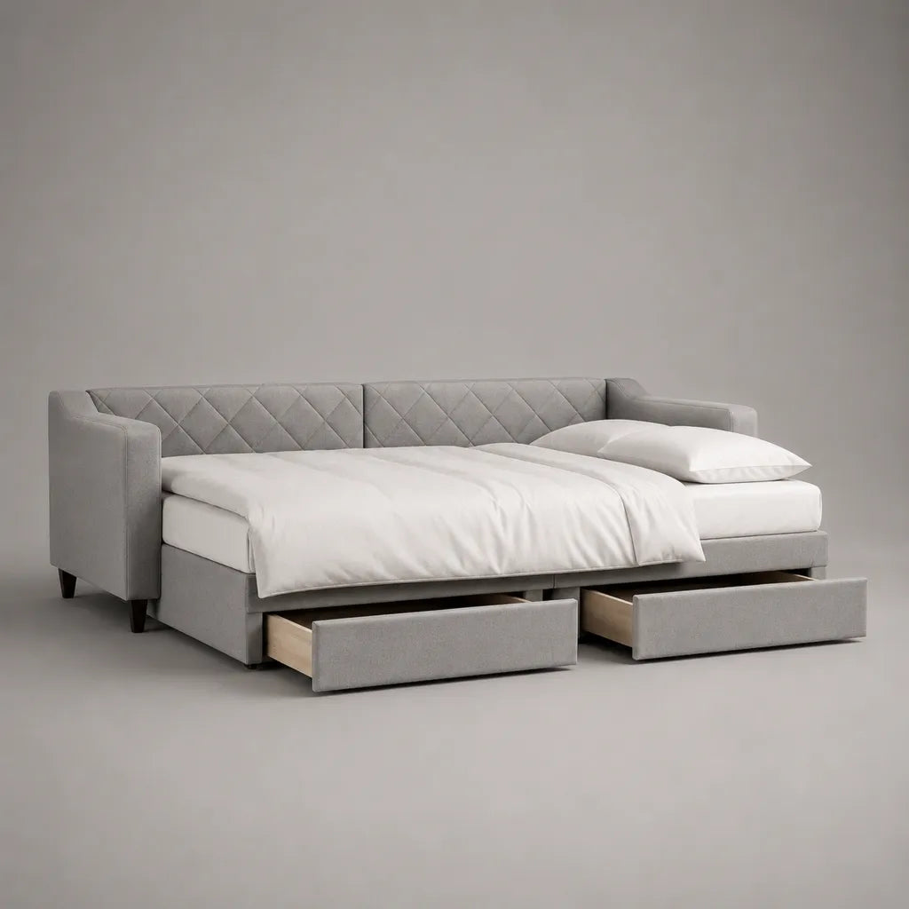 3-Sitzer-Schlafsofa mit Schlaffunktion und 2 Stauraumschubladen, Polyester-Velours, Hellgrau, 225 x 95 x 88 cm, Liegefläche 200 x 140 cm