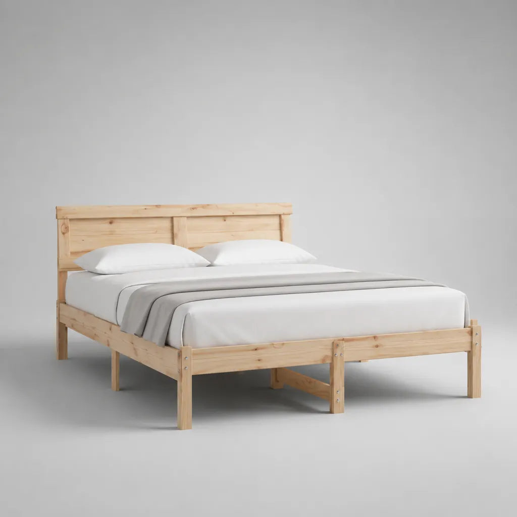 Doppelbett aus massivem Kiefernholz mit rechteckigem Kopfteil, Natur, 210 x 168 x 100 cm, Liegefläche 160 x 200 cm