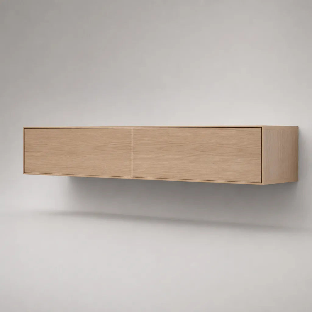 Wandhängendes TV-Lowboard aus MDF mit Eichenfurnier, Eiche Natur, 160 × 35 × 30 cm, 2 Klapptüren
