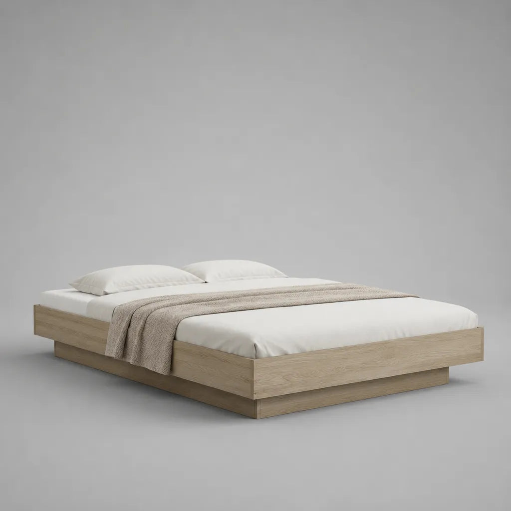 Bettgestell 160 × 200 cm, Doppelbett-Plattformbett aus melaminharzbeschichteter Spanplatte, 208 × 168 × 40 cm, Eichenoptik Natur