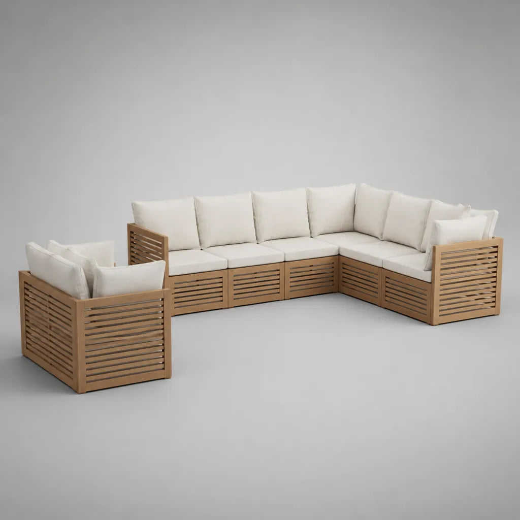 6-teiliges L-förmiges Gartensofa-Set aus Akazien-Massivholz, Natur und Cremeweiß, Ecksofa 305 × 160 × 75 cm, Sessel 85 × 85 × 75 cm