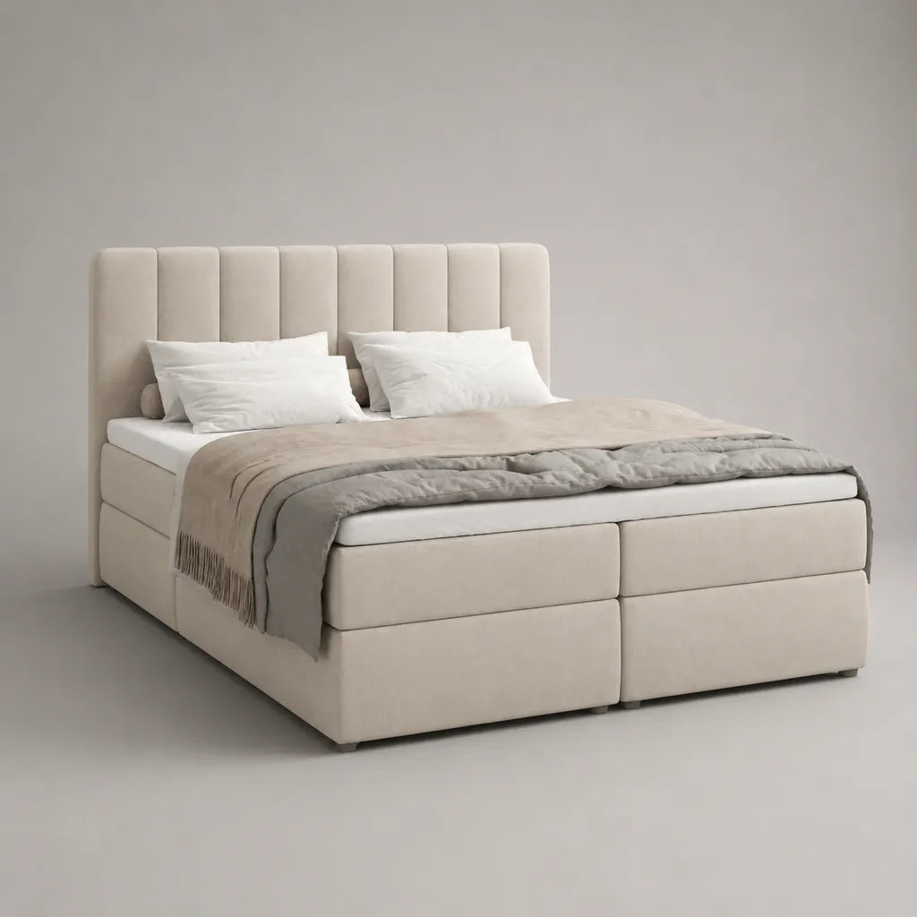 Boxspringbett 180 x 200 cm in Beige mit Polyester-Velours, Bonellfederkern, Taschenfederkernmatratzen und Kaltschaumtopper
