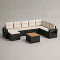 9-teiliges Gartensofa-Set mit Tisch aus PE-Rattan und Stahl, L-Form, Schwarz, Creme und Braun, 325 × 265 × 74 cm