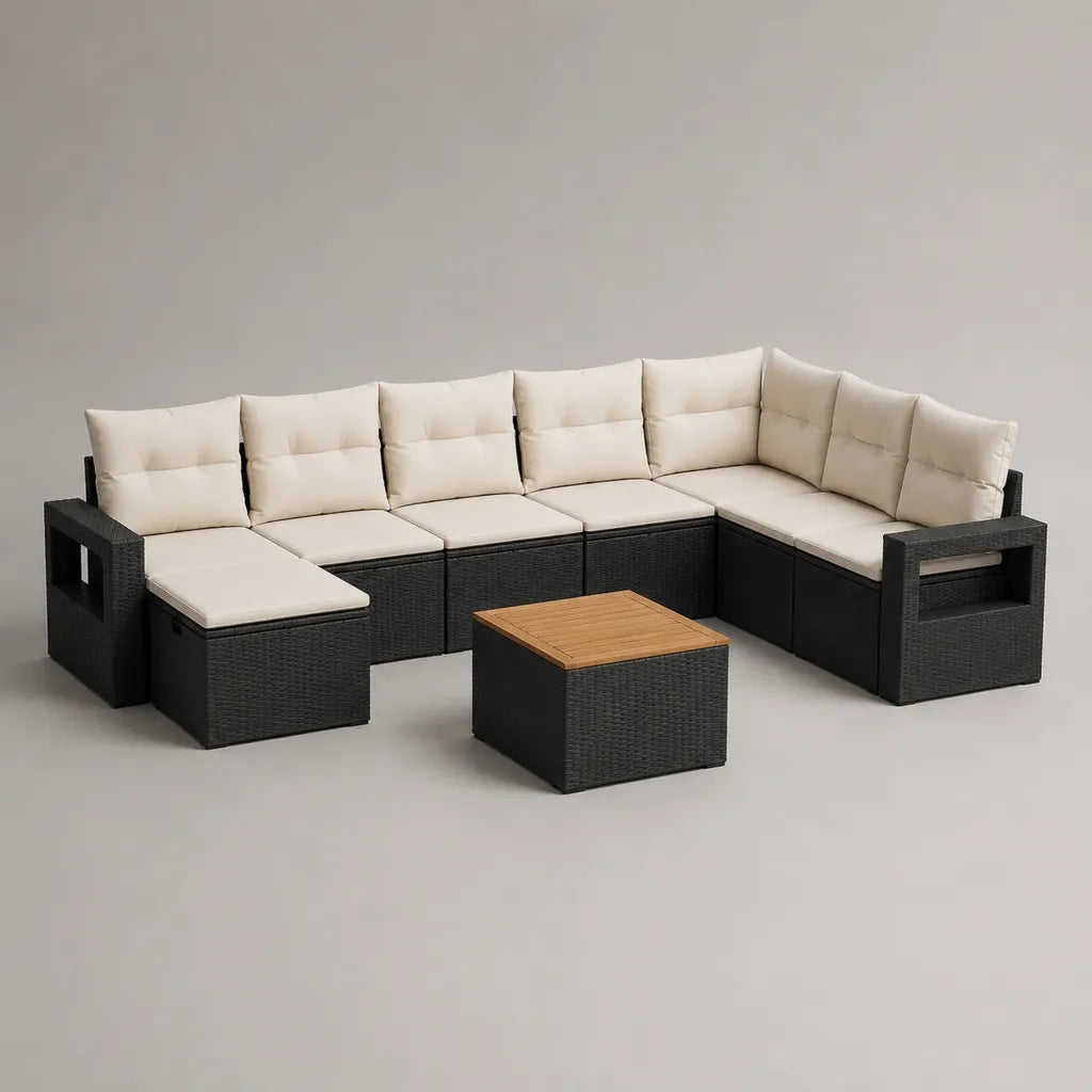 9-teiliges Gartensofa-Set mit Tisch aus PE-Rattan und Stahl, L-Form, Schwarz, Creme und Braun, 325 × 265 × 74 cm