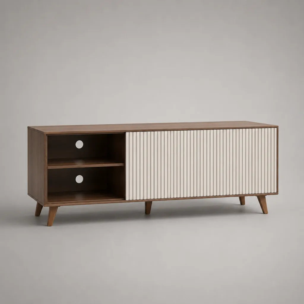 TV-Lowboard aus MDF mit zwei geriffelten Schiebetüren, Walnussbraun/Cremeweiß, 140 × 40 × 60 cm