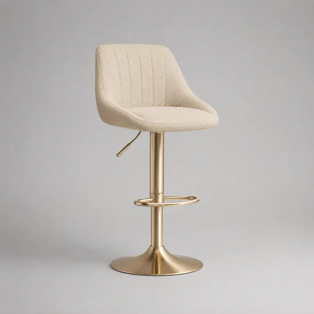 Höhenverstellbarer Barhocker aus Polyester-Bouclé und Stahl, 360° drehbar, Creme/Gold, 48 × 51 × 87–107 cm