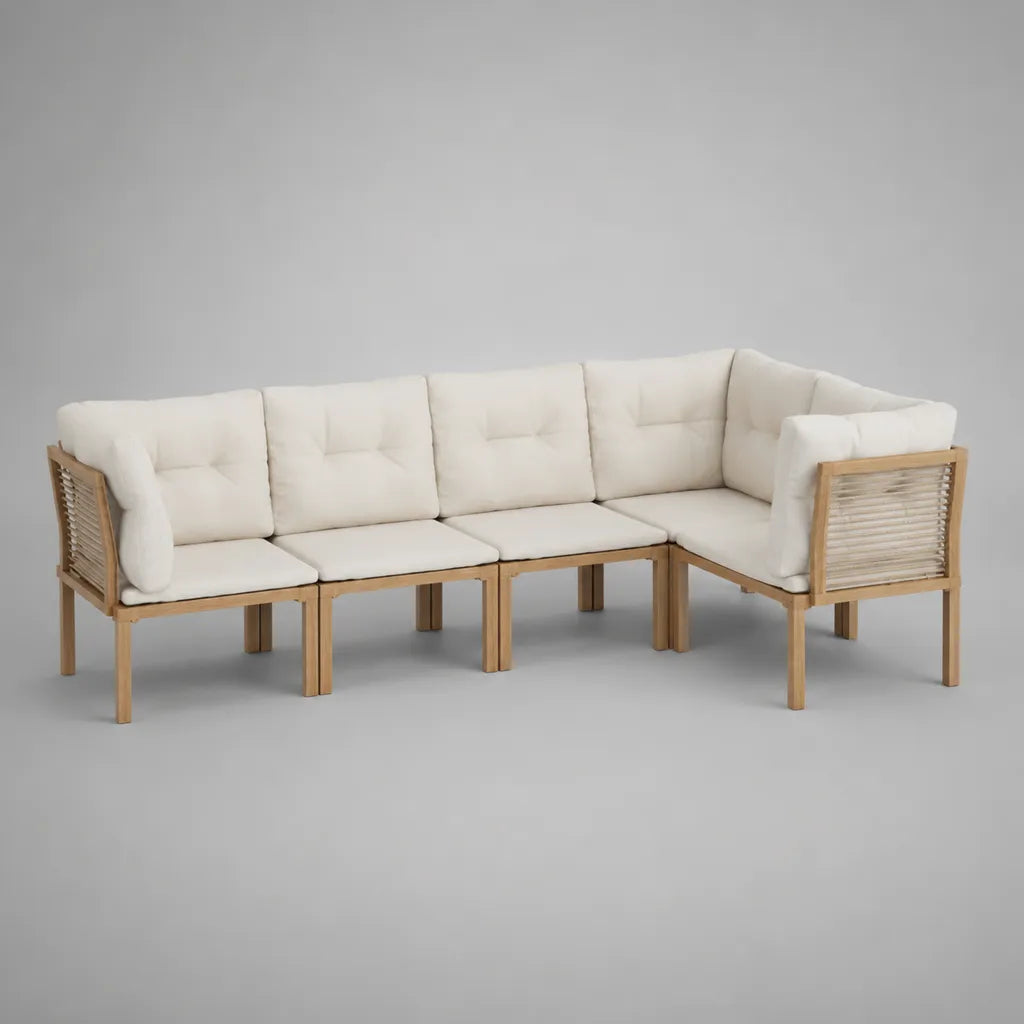 4-teiliges Gartensofa-Ecksofa für 4 Personen aus Akazien-Massivholz mit Polyesterseil und cremeweißen Polstern, L-Form, 238 × 170 × 76 cm