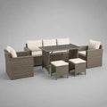 6-teiliges Gartenmöbel-Set aus PE-Rattan mit 3-Sitzer-Sofa, 2 Sesseln, 2 Hockern und höhenverstellbarem Esstisch, Taupe/Beige/Anthrazit, Sofa 176 × 70 × 75 cm, Tisch 140 × 75 × 48–68 cm