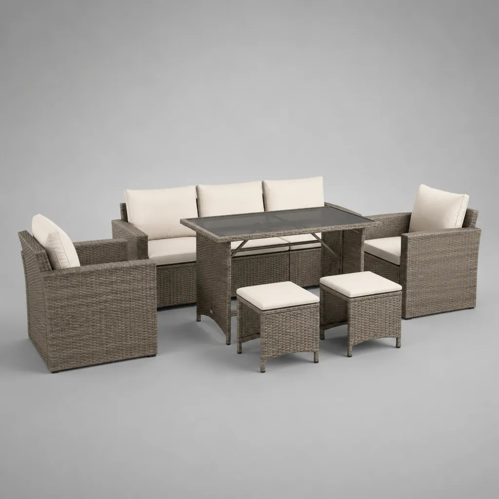 6-teiliges Gartenmöbel-Set aus PE-Rattan mit 3-Sitzer-Sofa, 2 Sesseln, 2 Hockern und höhenverstellbarem Esstisch, Taupe/Beige/Anthrazit, Sofa 176 × 70 × 75 cm, Tisch 140 × 75 × 48–68 cm
