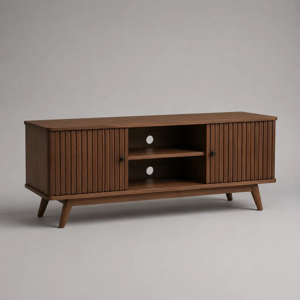 TV-Lowboard aus MDF mit Walnussfurnier, 2 Lamellentüren, 2 offenen Fächern und Kabeldurchführungen, Walnussbraun, 150 × 40 × 60 cm