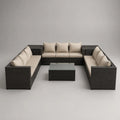 6-teiliges Gartensofa-Set aus PE-Rattan und Stahl mit Couchtisch und Eckablagen, U-Form, Schwarz/Beige, 345 × 270 × 68 cm