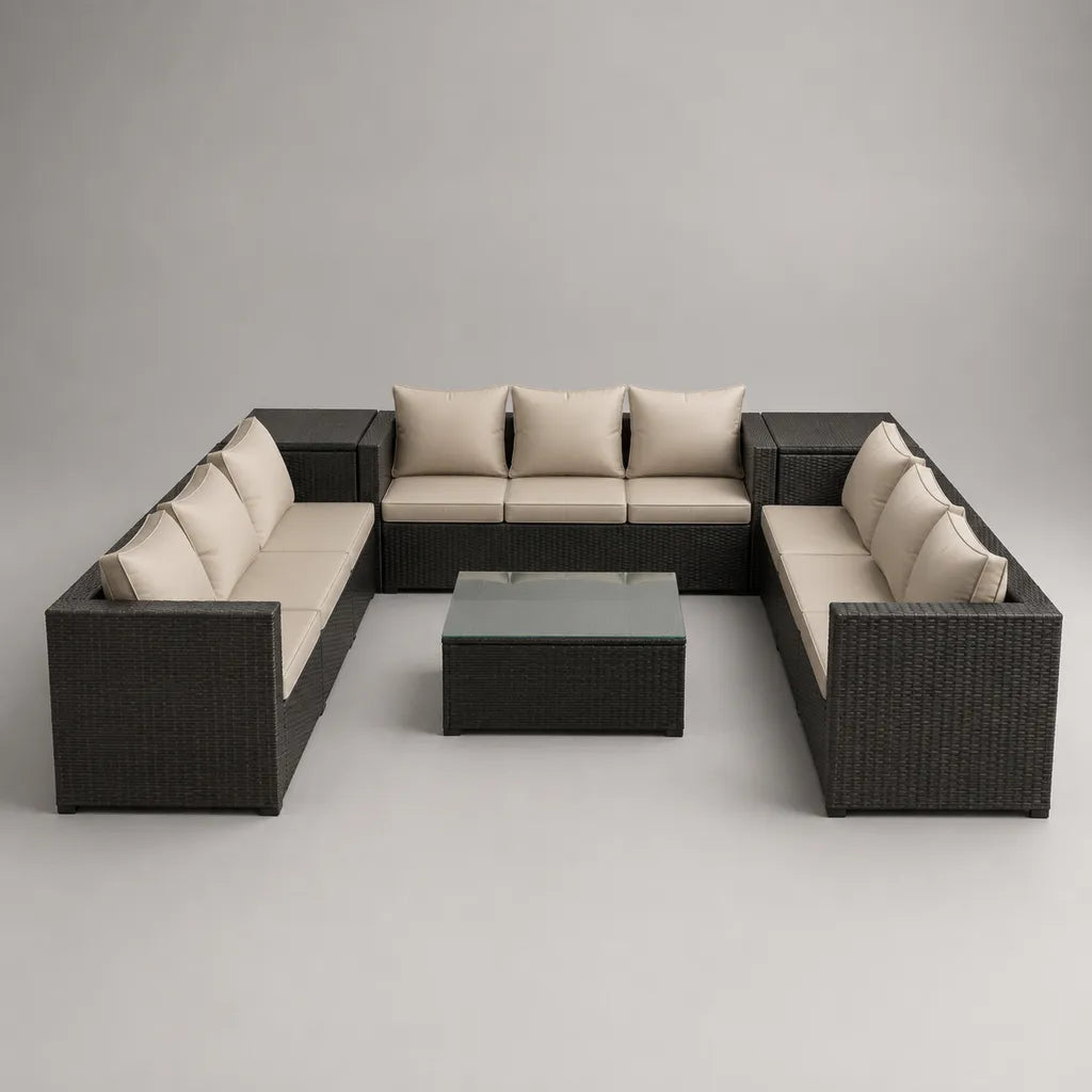 6-teiliges Gartensofa-Set aus PE-Rattan und Stahl mit Couchtisch und Eckablagen, U-Form, Schwarz/Beige, 345 × 270 × 68 cm