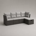 4-teilige L-förmige Gartensofa-Garnitur mit Ottomane aus PE-Polyrattan und Stahl, Dunkelgrau/Hellgrau, 228 × 145 × 84 cm