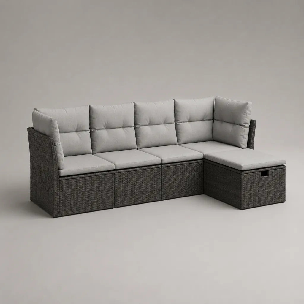 4-teilige L-förmige Gartensofa-Garnitur mit Ottomane aus PE-Polyrattan und Stahl, Dunkelgrau/Hellgrau, 228 × 145 × 84 cm