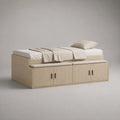 Stauraumbett Einzelbett aus Holzwerkstoff mit Sitzbank und 4 Türen, Liegefläche 90 × 200 cm, Gesamtmaß 205 × 135 × 85 cm, Eiche hell, Beige und Schwarz