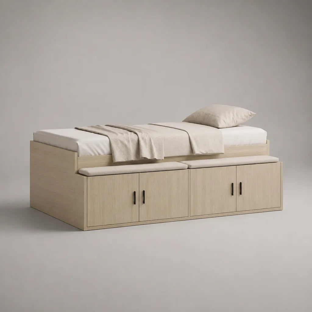 Stauraumbett Einzelbett aus Holzwerkstoff mit Sitzbank und 4 Türen, Liegefläche 90 × 200 cm, Gesamtmaß 205 × 135 × 85 cm, Eiche hell, Beige und Schwarz