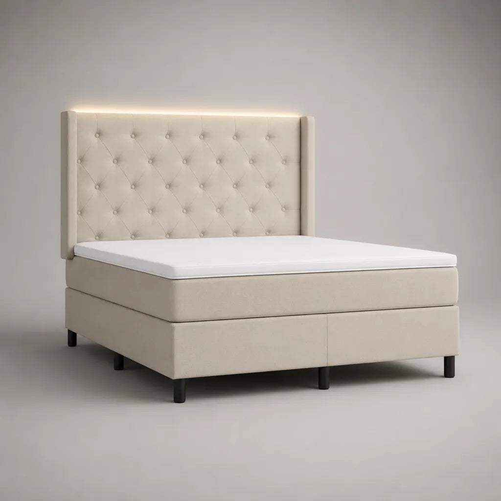 Boxspringbett mit LED-Kopfteil, Beige, Liegefläche 180 x 200 cm, Gesamtmaß 190 x 215 x 125 cm