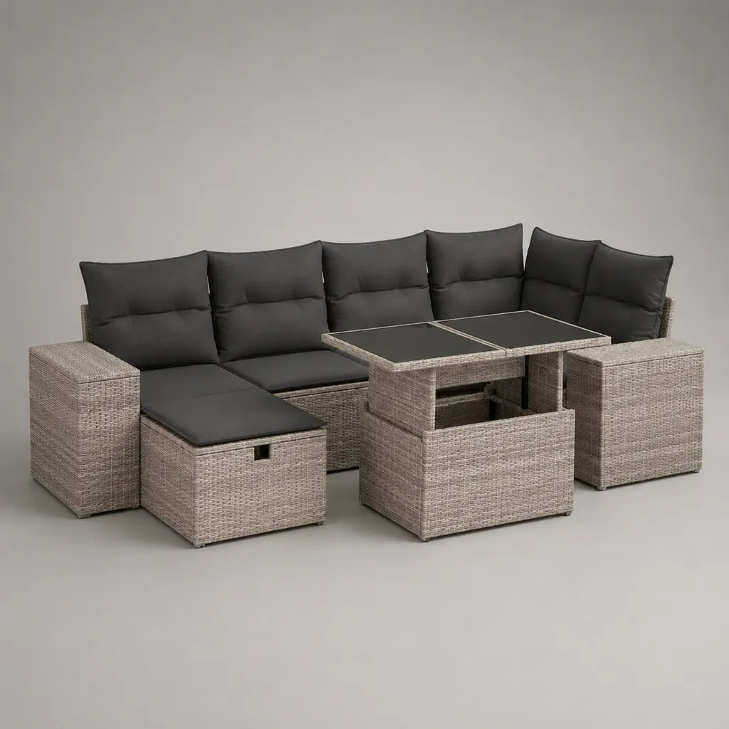 4-teiliges Gartensofa-Set aus PE-Rattan mit höhenverstellbarem Tisch und 2 Stauraumhockern, Grau und Anthrazit, 230 × 180 × 74 cm