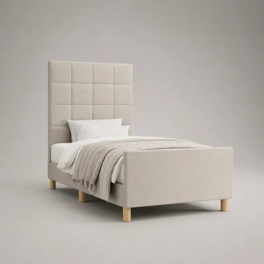 Polsterbett Einzelbett mit hohem Kopfteil und Polyester-Samtbezug, Beige, 101 × 213 × 150 cm, Liegefläche 90 × 200 cm