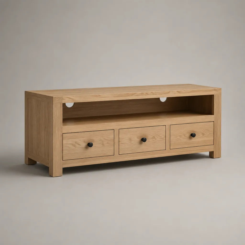 TV-Lowboard aus Holz mit 3 Schubladen, offenem Gerätefach und Kabeldurchführungen, Eiche natur, 120 × 40 × 55 cm