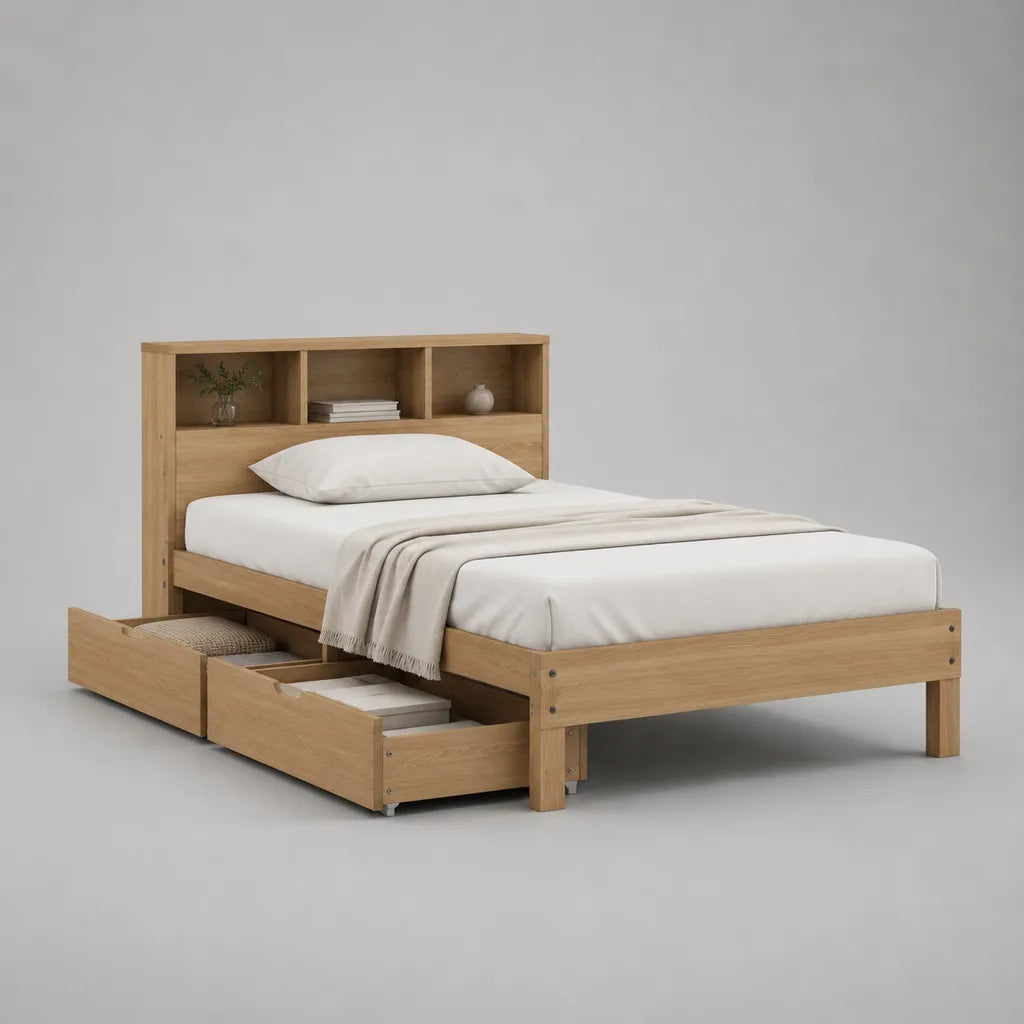Einzelbett aus Spanplatte mit Regal-Kopfteil und 2 Schubladen, Eiche hell, 219 x 99 x 120 cm, Liegefläche 90 x 200 cm
