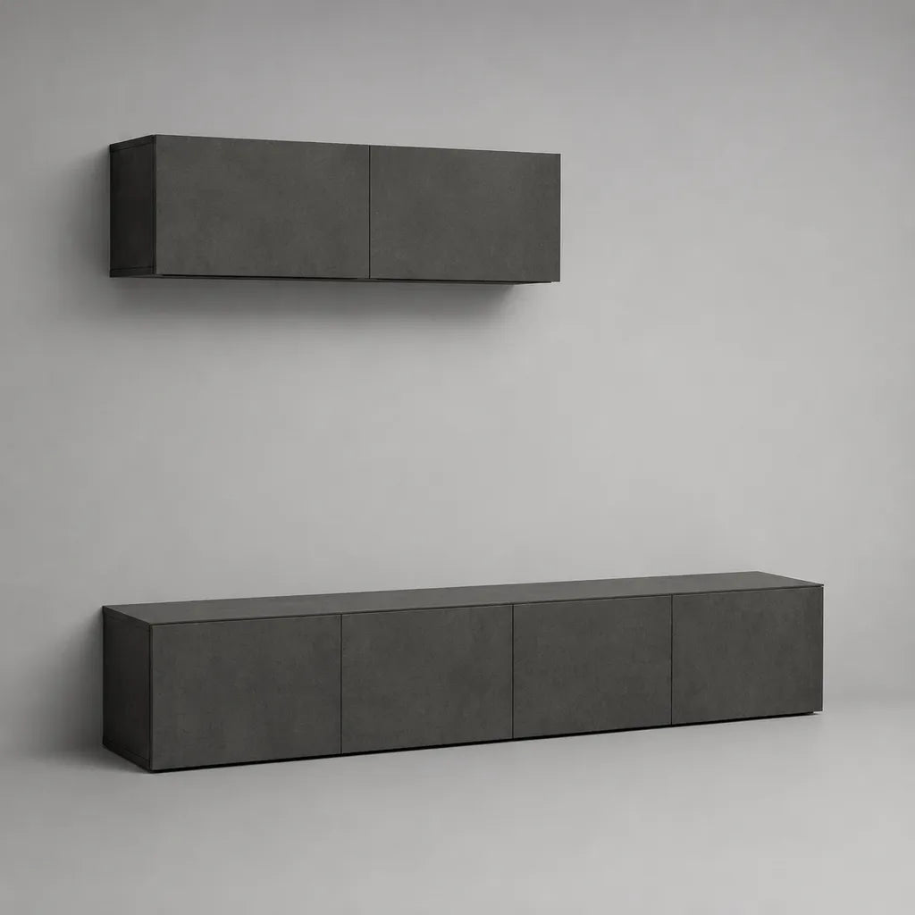 2-teiliges TV-Möbel-Set aus MDF und Spanplatte, Dunkelgrau in Betonoptik, Lowboard 240 × 40 × 40 cm und Hängeschrank 120 × 40 × 35 cm