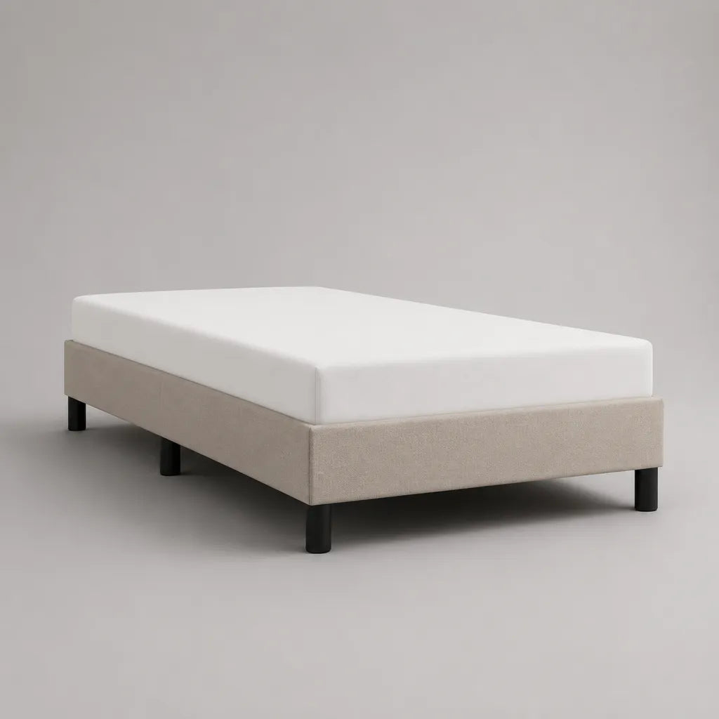 Polsterbett mit Matratze, 2-teiliges Set, Polyesterbezug, Massivholzrahmen, Beige/Weiß/Schwarz, 140 × 200 cm