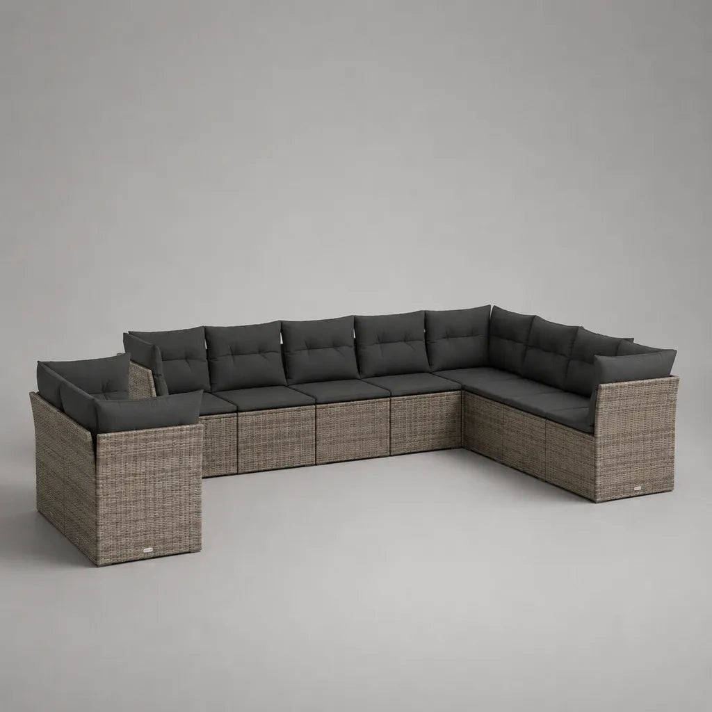 7-teiliges modulares Garten-Loungeset aus PE-Rattan und Stahl, L-Form, Grau meliert und Anthrazit, 323 × 218 × 73 cm