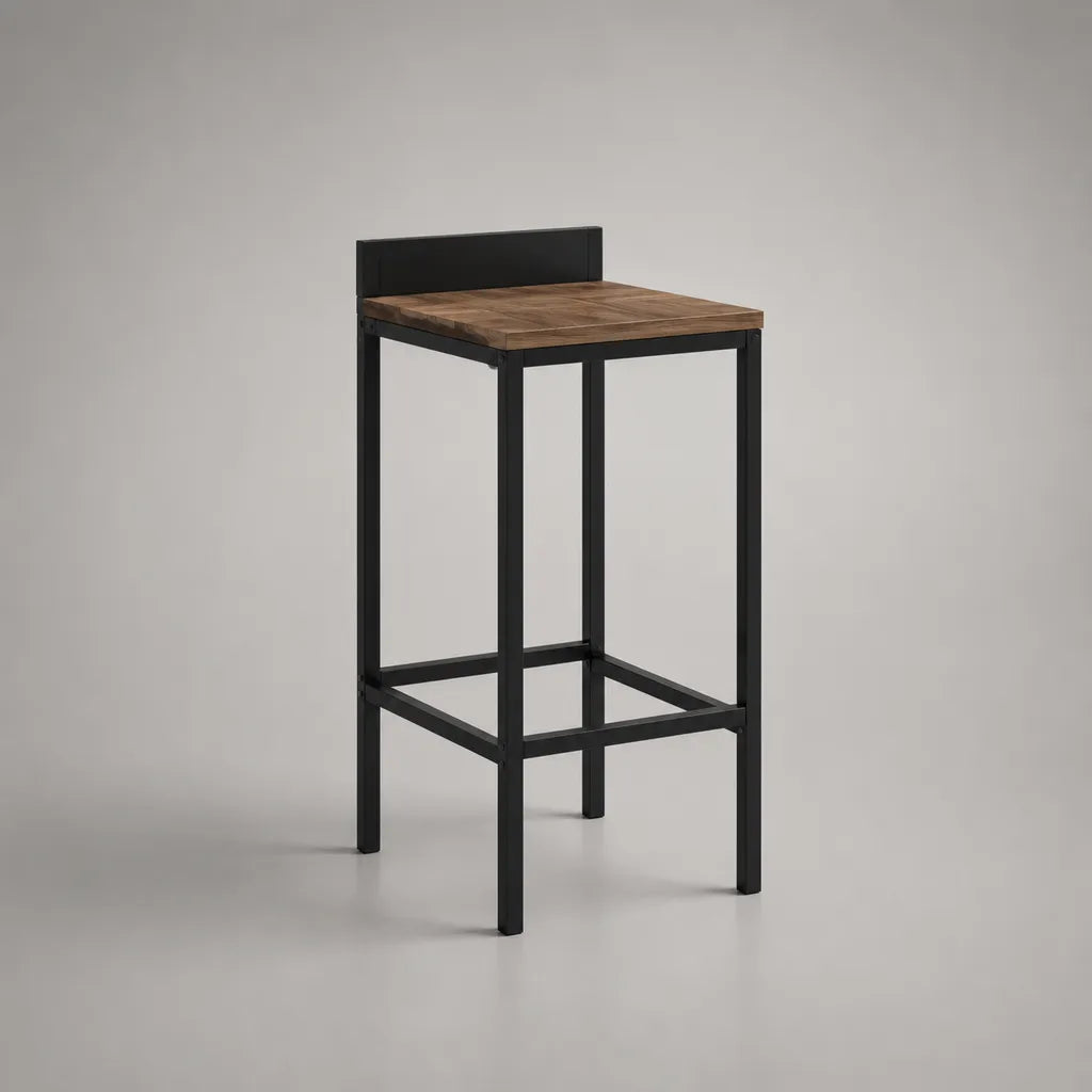 Barhocker mit Rückenlehne aus Massivholz und Stahl, Braun/Schwarz, 40 × 40 × 90 cm, Sitzhöhe 75 cm