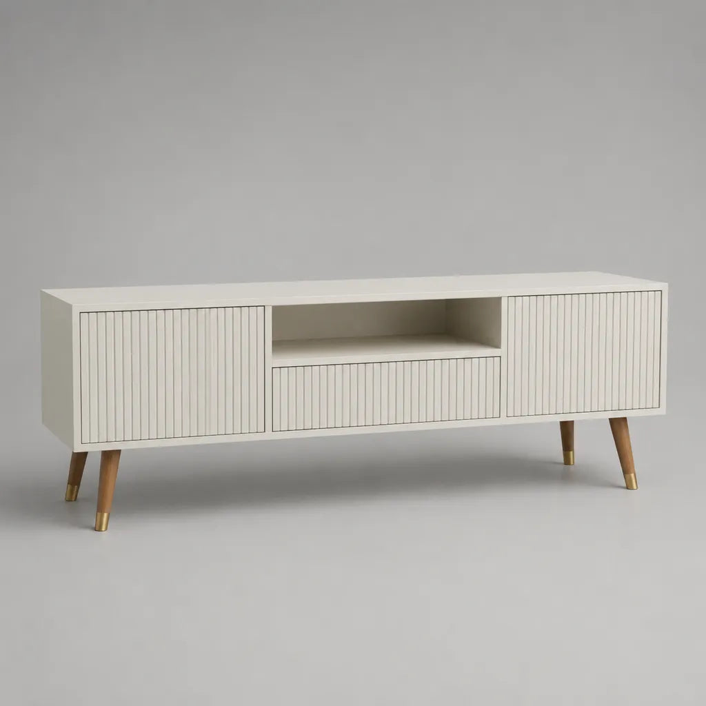TV-Lowboard aus MDF und Massivholz mit Rillenfront, 2 Türen, 1 Schublade, Cremeweiß, 160 × 40 × 60 cm
