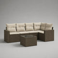 6-teiliges Garten-Lounge-Set aus PE-Rattan mit Glastisch, L-Form, Braun und Beige, 247 × 185 × 86 cm