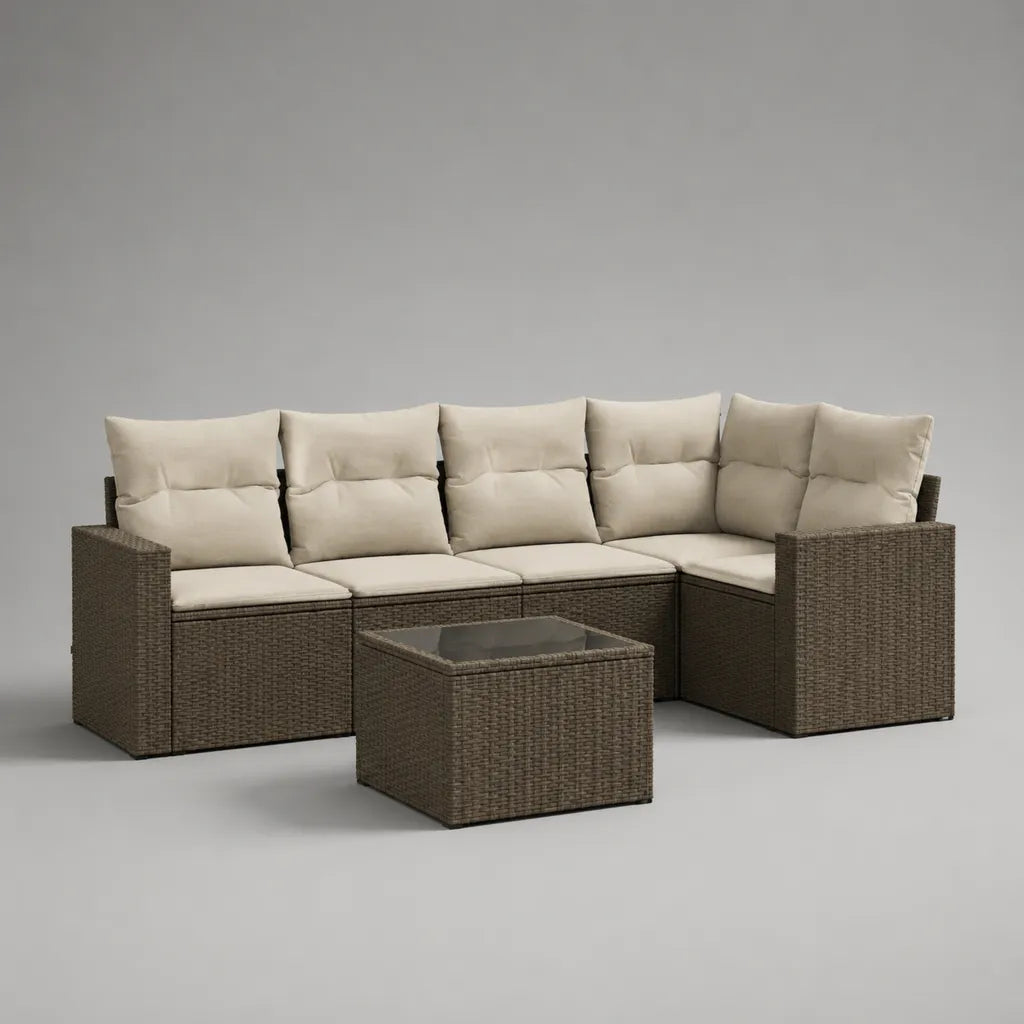 6-teiliges Garten-Lounge-Set aus PE-Rattan mit Glastisch, L-Form, Braun und Beige, 247 × 185 × 86 cm